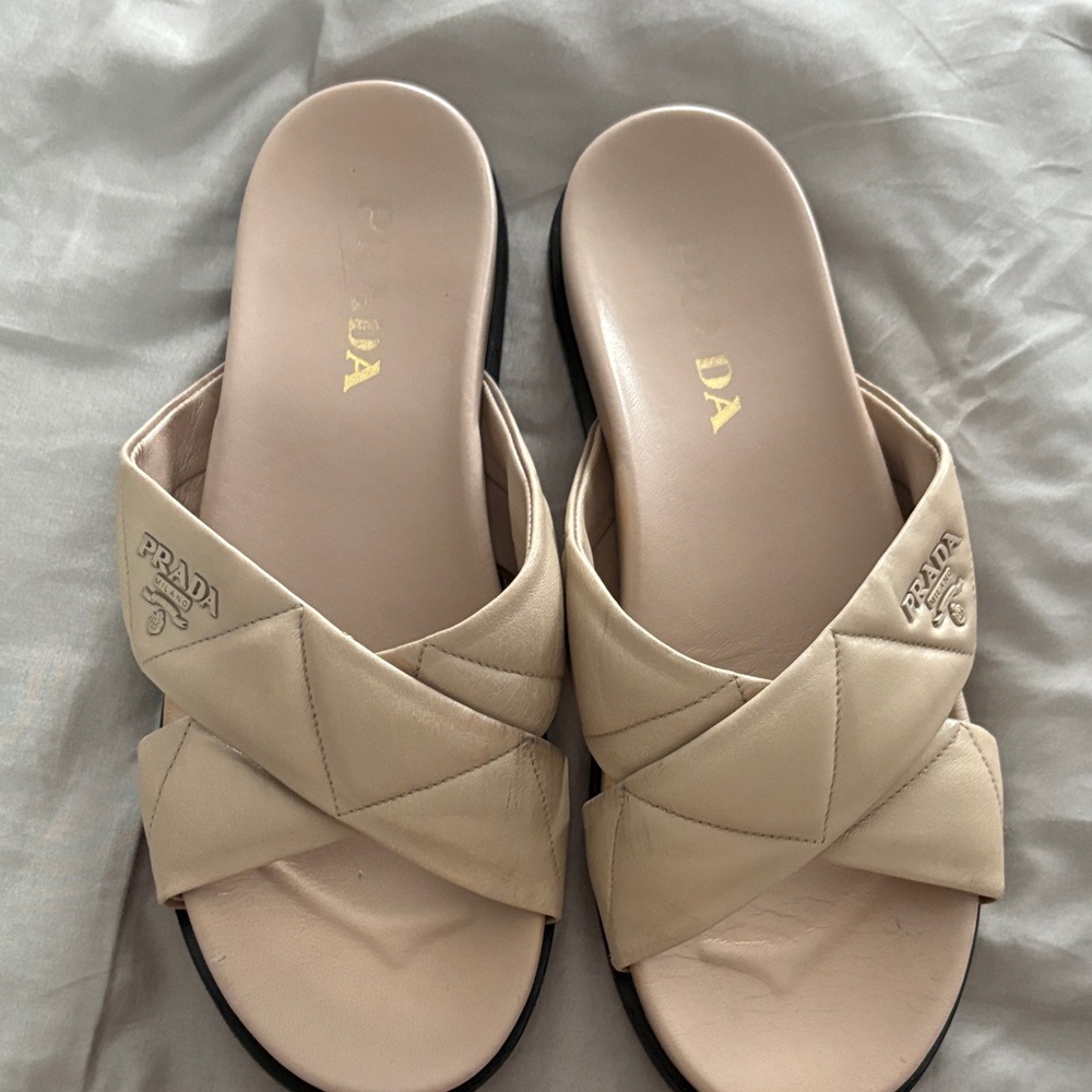 Prada Women's Beige Quilted Slide Sandals